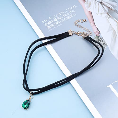 Iaceble Vintage Layered Suede Choker Necklace Green Teardrop Clavicle Necklace Black Velvet Choker Necklace Cz Emerald Pendant Necklace Collar Jewelry For Women And Girls #TOP2