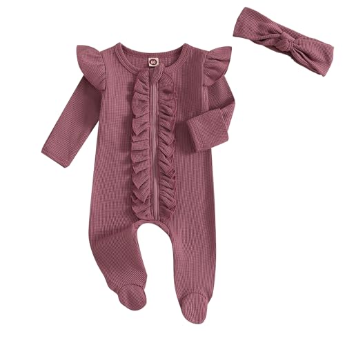 Image of Ayalinggo Newborn Baby Romper Infant Girl One-piece Outfit Waffle Ruffle Zip Footie Spring Summer Clothes With Bow Headband