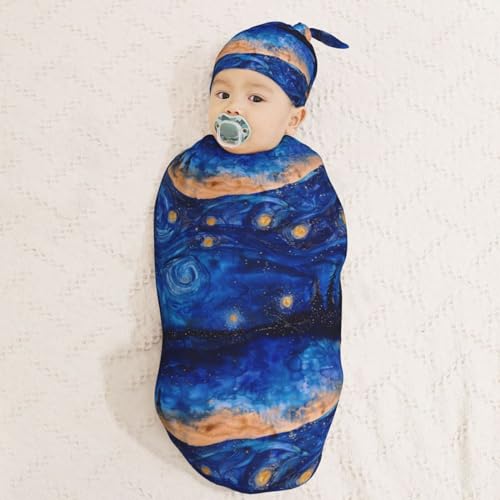 Image of Starry Sky Watercolor Starry Newborn Swaddle Blankets Hat Sets Soft Baby Receiving Blanket Swaddle Sack for Baby Shower Infant Boy Girl Gift