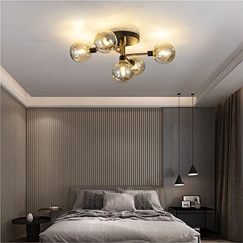 Kco Lighting 5-Light Mid-Century Modern Glass Globe Semi Flush Mount Ceiling Light Black And Gold Brush Metal Sputnik Chandelier Farmhouse Vintage Close To Ceiling Lighting (Amber) #TOP5
