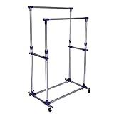SONGMICS Double Rod Adjustable Rolling Clothes and Garment Rack W' Brake Wheels ULLR03B