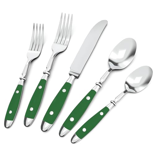 QUEARI 20-Piece Silverware Set, Forged Stainless Steel Flatware Set, Service for 4, Vintage Cutlery Set with Green Bakelite Handle, Mirror Polished | Rustic | Dishwasher Safe