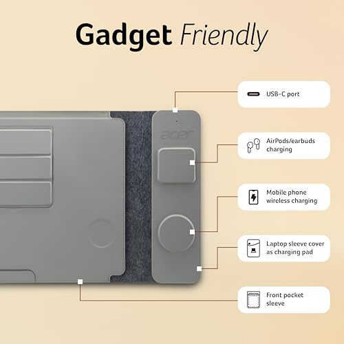 Image of Acer ChargeMate 4-in-1 Wireless Charging Laptop Sleeve for 13 inch - 16 inch Laptops | Fast Charging Pad for Phone & Earbuds | Mousepad | Height Adjustable Flap | Magnetic Closure | Waterproof (Grey)