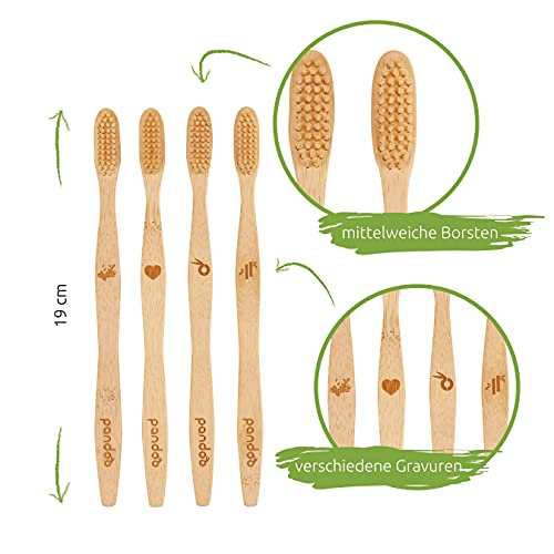 pandoo Cepillos de Dientes en Bambú | Opción de Cepillo y Cerdas Ecológicos, Antibacterianos y Biodegradable a los Cepillos de Plástico | Vegano – Libre de BPA - Higiene Bucal y Dental | 4 Unidades