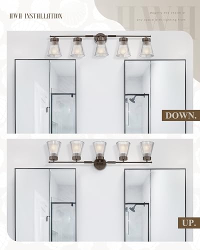 Image of 5-Light Bathroom Vanity Light, HWH Farmhouse Vanity Lights for Bathroom Vanity Lamp Oil Rubbed Bronze, Vanity Sconce with Clear Striped Glass, 5HZG97B-5W ORB