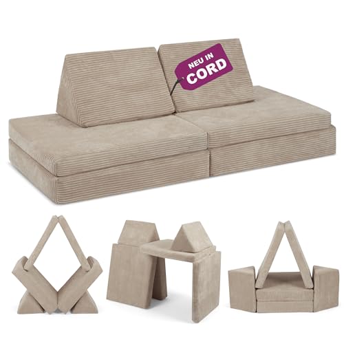 Linodino® Spielsofa Cord - Kindersofa | Schaumstoff Bausteine - Kinder Sofa für einen aufregenden Indoor Spielplatz | XXL Kindercouch als Kuschelecke im Kinderzimmer | Mit Schlaffunktion | Sandbeige