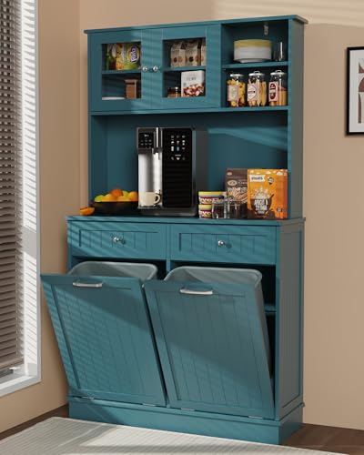 YOCONYO Double Tilt Out Trash Cabinet Storage Cabinet 20 Gallon with Two Solid Wood Hideaway Trash Holder Drawers, Dual Wooden Free Standing Recycling Cabinets Can Bin Kitchen (Teal Blue)