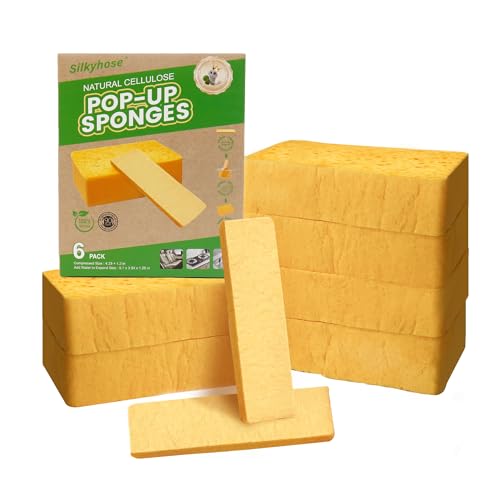 6 Pack Pop-Up Cellulose Sponges | Large Thick & Tear-Resistant | Biodegradable Compressed Sponges for Kitchen Dishes Car | Super Absorbent & Long-Lasting