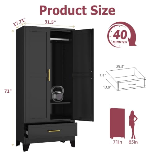 Image of GAIOUS Metal Armoire Wardrobe Closet Cabinet with 2 Doors and Drawer, 71 inch