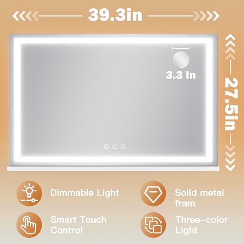 Image of ROLOVE 39 inch x 28 inch Extra Large Vanity Mirror with Lights, Lighted Makeup Mirror with USB Charging Port & 10X Magnifier, 3 Color Dimmable Smart Touch, Wall Mounted or Tabletop Desk Mirror, White