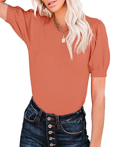 Image of Womens Puff Short Sleeve Sweater Tops Crewneck Basic Knit Pullover Lightweight Casual Sweaters