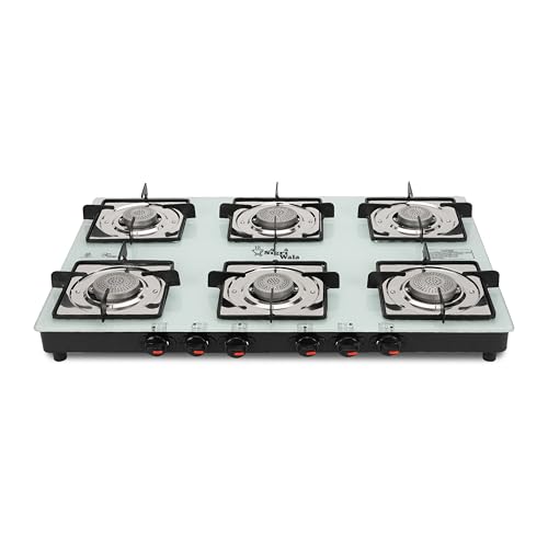 Image of Sigri-Wala 6 Burner Manual Gas Stove for Kitchen | Orchid White Toughened Glass Cooktop | LPG Compatible | High Efficiency Burners | ISI Certified