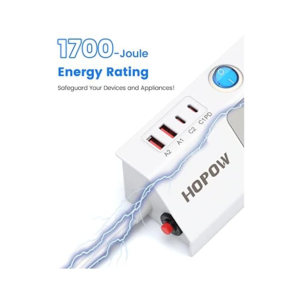 HOPOW Flat Plug Power Strip with Individual Switches, 10 Ft Ultra Thin Flat Extension Cord, 5-Outlet Surge Protector with 2 USB-C (20W PD) & 2 USB-A, 1700 Joules, Wall Mount for Home Office, White - Image 8