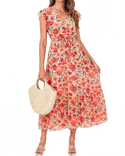 Image of BTFBM Women Summer Bohemian Floral Casual Wrap V Neck Ruffle Cap Sleeveless Belt A-Line Pleated Hem Midi Sun Dress White