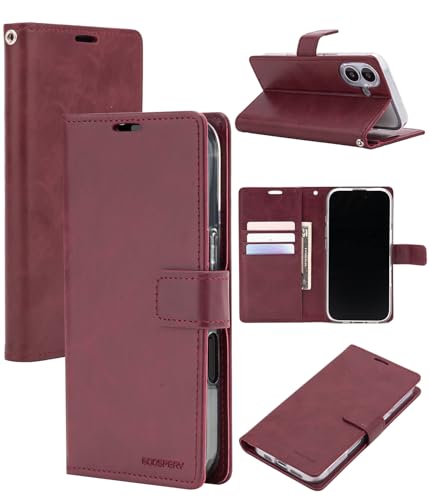 GOOSPERY Bluemoon Folio Wallet Case for iPhone 17, Flip Cover with Card Holder, Kickstand, Magnetic Closure, Shockproof TPU + PU Leather - Wine