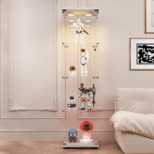 LFT HUIMEI2Y Glass Display Cabinet with LED Lights and Lock, 4-Shelf Curio Cabinets with Door...