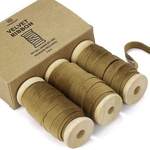 Vitalizart Khaki Velvet Ribbon Set 3/8" x 5Yd x 3 Rolls, Wooden Spool