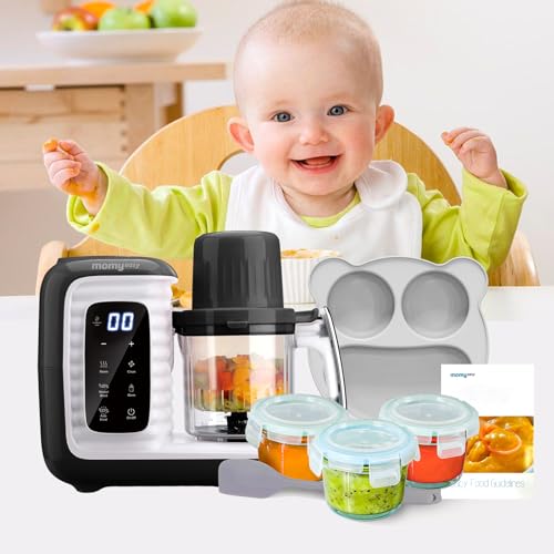 MOMYEASY Baby Food Maker, Multi Food Processor, Baby Food Steamer and Food Puree Blender in-One, Food Mills Machine with Glass Food Container and Dinner Plate, Auto Cooking & Grinding