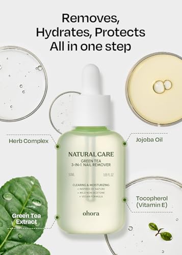 Image of ohora Natural Care Green Tea 3-in-1 Nail Remover 50mL - Non-Acetone, Gentle Moisture-Retaining Formula with Green Tea Extract - For Gel, Press-On & Polish, Smooth Easy Nail Removal