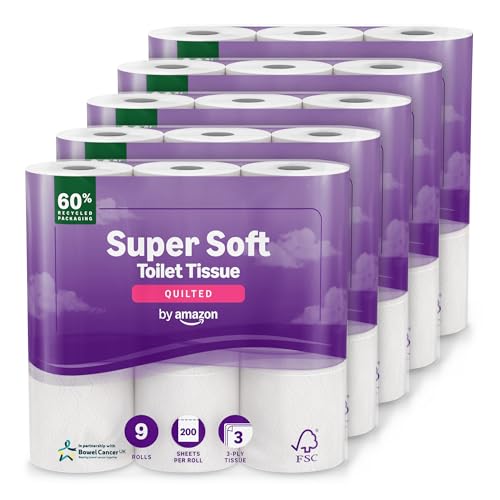by Amazon Super Soft Toilet Tissue 3-ply 45 Rolls (5 Packs of 9) 200 Sheets per Roll FSC Certified