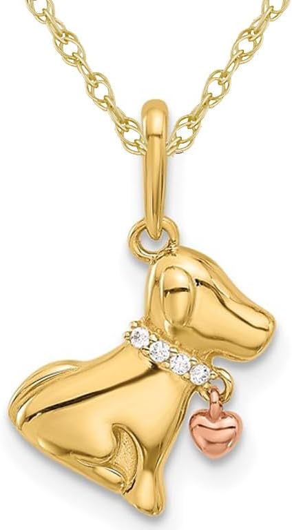 14K Yellow Gold Dog Charm Pendant Necklace with Chain and Synthetic Cubic Zirconia (CZ) s
