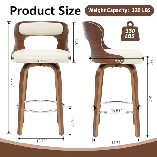 Image of Swivel Bar Stools Set of 1, 26 inch Counter Height Bar Stools, Mid-Century Modern PU Leather Modern Island Chairs with Back and Footrest, for Kitchen, Bar, Restaurant, Cafe (Beige Gray)