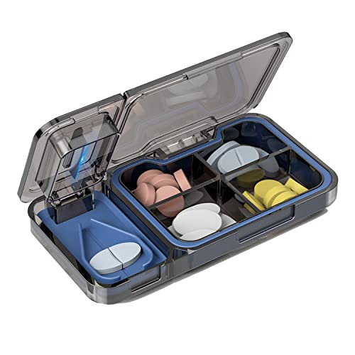 Anynve Pill Case with Dispenser,Portable Pill Holder,Travel Pill Container Small for Purse,Pill Cutter and Splitter for Cutting Small Pills or Large Pills in Half,Waterproof Vitamin Pill Box-Gray