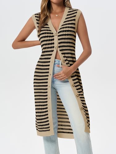 Image of Saodimallsu Womens Sleeveless Summer Cardigan Striped V Neck Button Up Loose Knit Midi Sweater Tank Dress