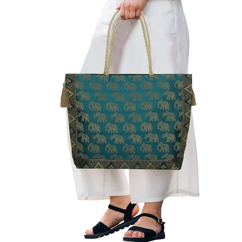 Image of Designer Ethnic Handmade Brocade Silk Tote Bag For Women's Shoulder Bag Shopping Bag For Girls 16 Inch