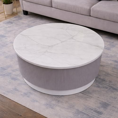 Image of WOODEN SPACE Round Marble-Top Wooden Center Table for Living Room | Modern Entryway Furniture | Coffee Table - 30X30X18 Inch (Light Grey)