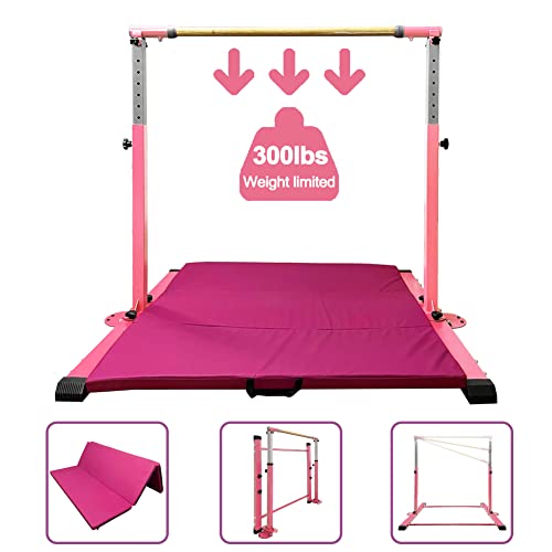 GBVUGY Gymnastics Kip Bar with Mat for Home Indoor Training,Horizontal Bar for Kids Girls Junior,Adjustable Arms from 3' - 5' Gym Equipment,1-4 Levels,300lbs Weight Capacity