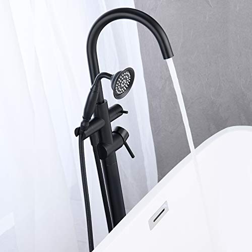 Wowkk Tub Filler Freestanding Bathtub Faucet Black Floor Mounted Brass Bathroom Tub Faucets With Hand Shower #TOP3