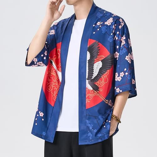 Image of PRIJOUHE Men's Japanese Kimono Cardigan Jackets Casual Long Sleeve Open Front Coat Lightweight Yukata Outwear