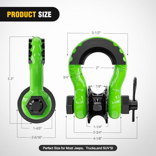 Image of Nilight 3 /4 inch D-Ring Shackle w /Snatch Block (2 Pack) 9,500 lb Working Load, 2-in-1 Heavy‑Duty Towing Pulley w /Isolator for Off‑Road Recovery, Winch Cable & Rope, Truck Jeep ATV UTV Tractor, Green