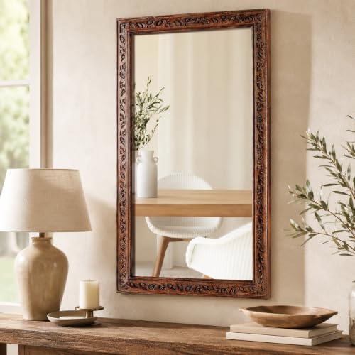 Image of Wooden Bathroom Wall Mirror 30 inchx18 inch - Solid Wood Frame, Burnt Brown | Vanity Mirror, Farmhouse Decorative Wall Mirror for Bathroom, Bedroom, Living Room & Entryway, Vertical /Horizontal Hanging