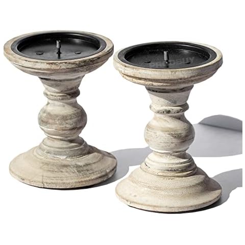 Set of 4 White Wooden Pillar Candle Holders Cover