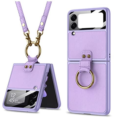 [Neues Upgrade] KumWum Handyhülle Kompatibel mit Samsung Galaxy Z Flip 3 5G Hülle mit Kette Ultra Dünn Klappbar Leder Schutzhülle mit Ring - Violett Cover