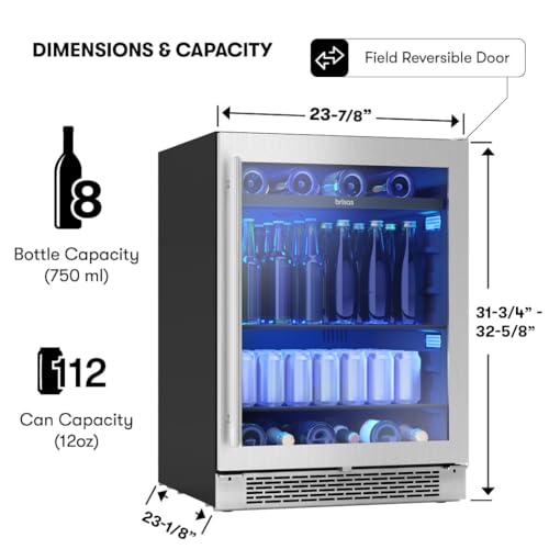 Zephyr Brisas 24" Wine Fridge & Beverage Refrigerator ADA Single Zone Under Counter - Wine Cooler Cellars Small Home Beer Fridge Cabinet Drink Chiller Freestanding with Glass Door - 8 bottles 112 cans - Image 3