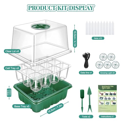 Yozexin Zimmergewächshaus Anzuchtkasten mit Pflanzenlampe, 5 Stück Mini Gewächshaus Anzucht Set, Treibhaus Anzuchtschale mit erhöhten Deckel, für Pflanzenwachstum und Saatgutkeimung