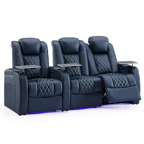 Image of Weilianda Home Theater Seating, Top Grain Leather Movie Theater Chair | Blue Row of 3 Loveseat Right, Zero Gravity, Power Headrest, Tray Table, Electric Reclining Seat for Media Room
