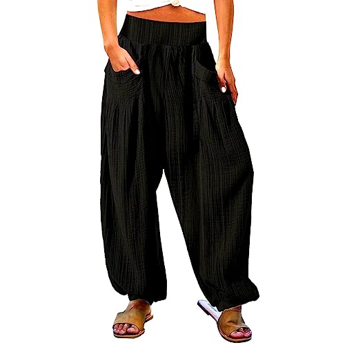 Pantalon harem en coton et lin pour femme - Style hippie - Coupe large - Palazzo décontracté - Pantalon de plage d’été léger - Coupe ample - Taille...