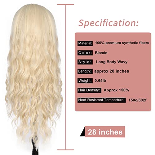 Kalyss 24 Inches Platinum Blonde Curly Wavy Heat Resistant Synthetic Hair Wigs For Women Middle Parting None Lace Front Hair Replacement Wigs #TOP5