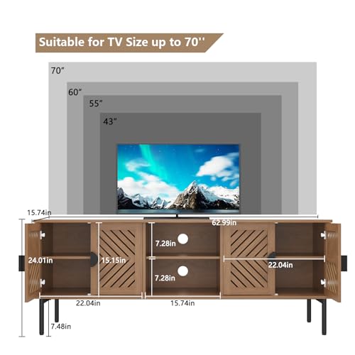Image of ARTPOWER 63 inch Modern TV Stands，Entertainment Center with Storage，Natural Oak | TV Console for up to 75 inch TVs,TV Cabinet with 4 Doors & Adjustable Shelves, Media Console with Metal Handle for Living Room