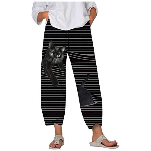 Lazzboy Freizeithose Damen Katze Drucken Aktiv Taille Katze Gestreifte Tasche Lose Weiche Jogger Lounge Hose Pumphose Elastischer Bund Lange Hosen Mit Taschen Haremshosen (Schwarz,2XL) Cover