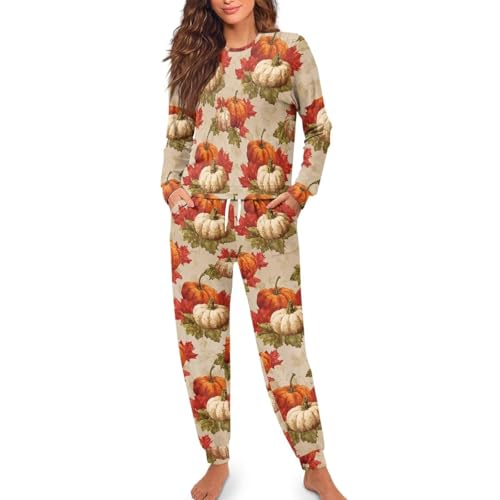 Tutolipy Retro Pumpkin Print Pajama Set for Women Trendy Thanksgiving Pajama Set 2 Pieces Long Sleeve Top and Pants Pjs Crew Neck Plus Size Drawstring Sleepwear-XL