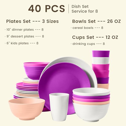 Image of Homienly 40-Piece Wheat Straw Dinnerware Set, Reusable Plates and Bowls Sets, Alternative to Plastic Dishes Set-Dinner Plates with Textured Pattern, Bowls, Cups, Dishwasher Safe - Pink Flower