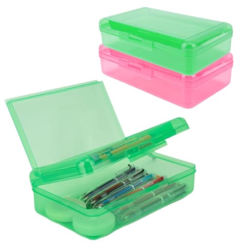 Image of Pencil Case Box, 2 PCS Green Pink Double Layer Large Capacity Plastic Pencil Boxs, Clear Hard Pen Case with Snap-tight Lid,Storage Art Craft Box Marker Organizer for Boys Girls Offices School Supplies
