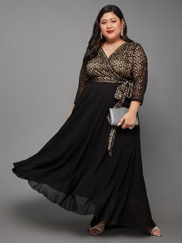 Image of Miss Chase A+ Women's Floral Printed Relaxed Fit V -Neck 3 /4Th Sleeve Georgette Maxi Dress