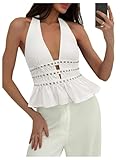 Verdusa Sexy Going Out Tops for Women Y2k Beaded Halter Tops Ruffle Deep V Neck Sleeveless Clubwear Pure White Medium