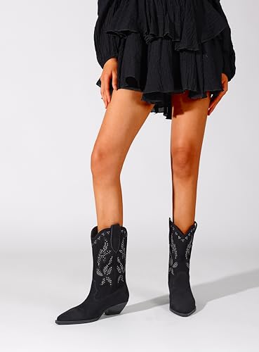 Rogerdream Black Silver Rivet Cowboy Boots for Women, Faux Suede Mid Calf Pointed Toe Western Cone Heel Decorative Stud Boots Black Size 8 — view 2